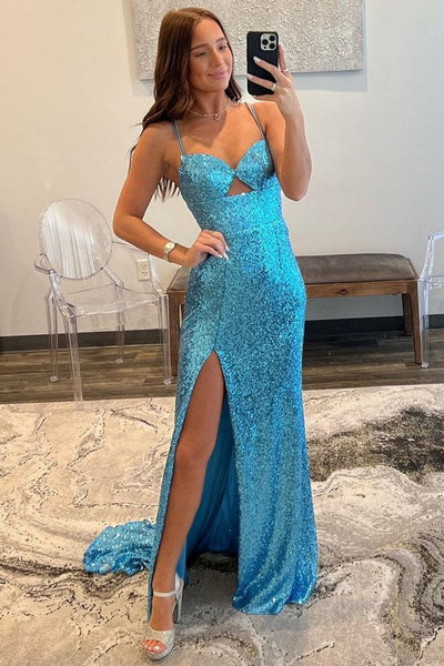 Royal Blue Sequin Keyhole Straps Mermaid Long Prom Dress with Slit VK23092405