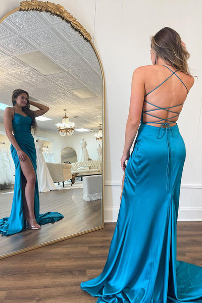 Peacock Blue Spaghetti Straps Satin Mermaid Prom Dresses with Slit VK23120306