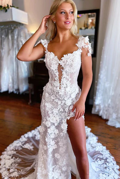 Charming Mermaid Sweetheart White Wedding Dresses with Flower Appliques VK23090901