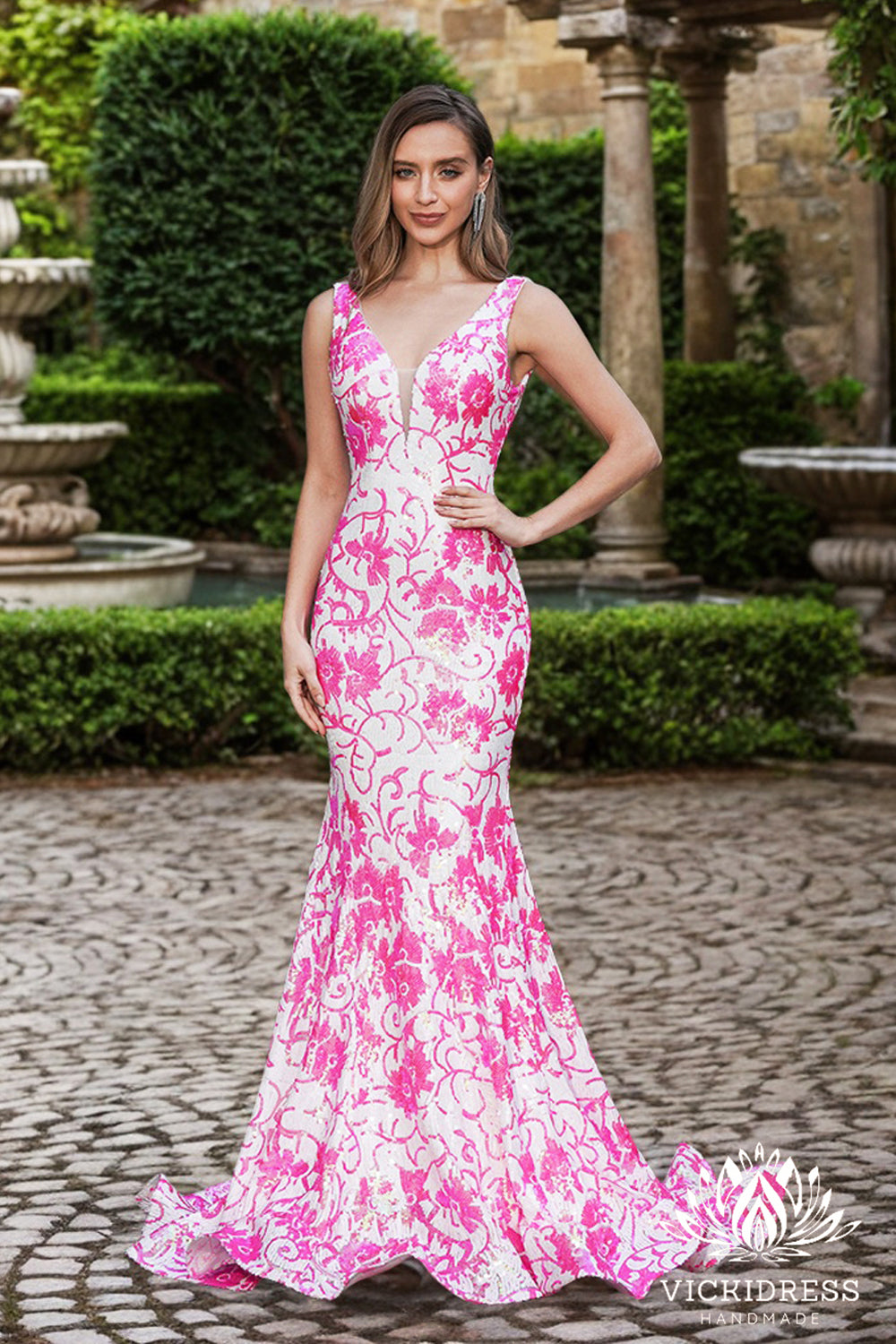 Mermaid V Neck Pink White Sequin Prom Dress VK24122703
