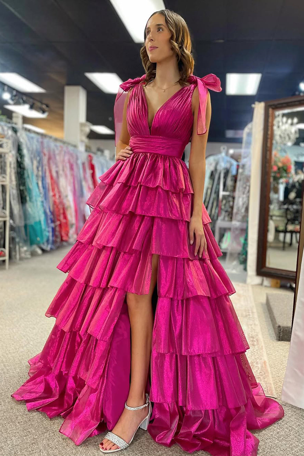 fuchsia organza dress Fuchsia One Shoulder Sparkle Organza Dress - Size: 2
