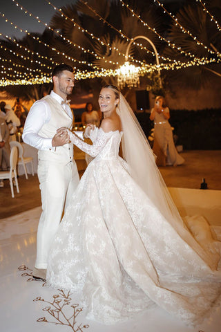 Gorgeous Ball Gown Off the Shoulder Lace Wedding Dress with Long Sleeves VK25060903