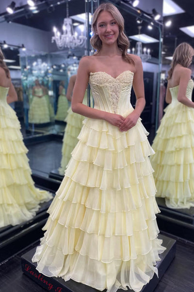 Cute A Line Sweetheart Daffodil Tiered Chiffon Prom Dress with Appliques VK16020306