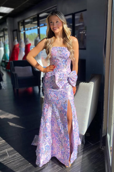 Mermaid Strapless Lavender Jacquard Satin Prom Dress with Slit VK25122804