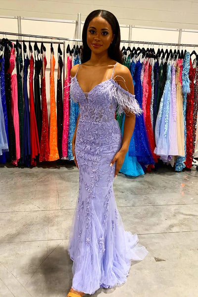 Mermaid Off the Shoulder Lilac Long Prom Dress with Feathers VK23093001