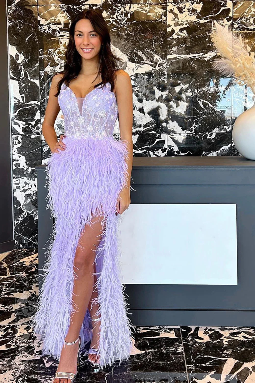 Sheath Spaghetti Straps Light Purple Long Prom Dress with Feather VK23092309