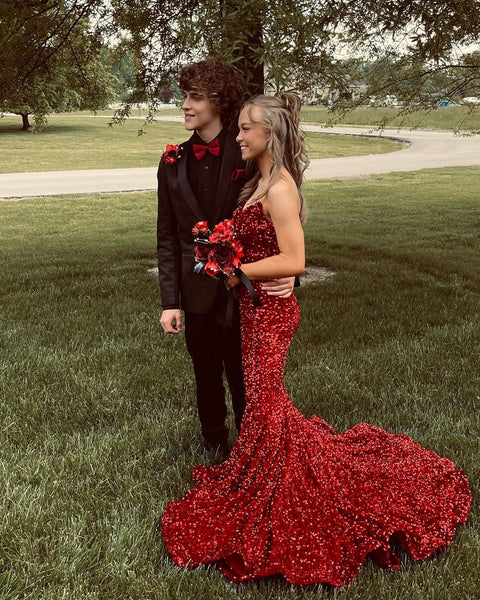 Charming Mermaid V Neck Red Sequins Long Prom Dresses VK23051902