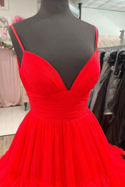 Ball Gown V Neck Spaghetti Straps Red Tiered Tulle Long Prom Dresses VK23082112
