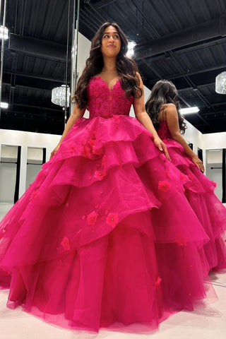 Fuchsia Sweetheart Tiered Tulle Ball Gown Prom Dresses with Appliques VK24010706