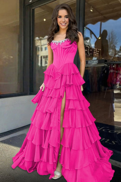 Charming A-Line Strapless Green Chiffon Tiered Long Prom Dresses with Slit VK26010602