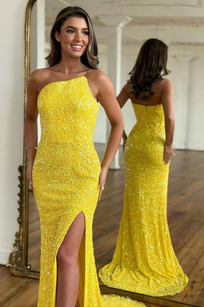 Sparkly Yellow Detachable Straps Mermaid Sequins Prom Dress with Slit VK23101401