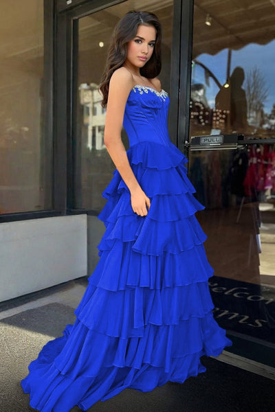 Charming A-Line Strapless Green Chiffon Tiered Long Prom Dresses with Slit VK26010602