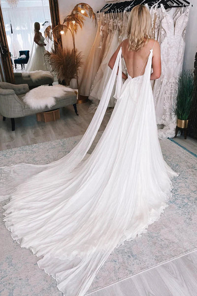 Fairy A Line V Neck Chiffon Tulle Beach Wedding Dresses with Slit VK24110703