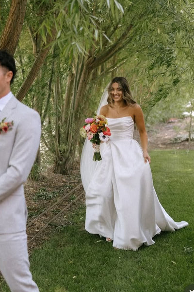 Fashion A Line Strapless Satin Long Wedding Dress with Slit VK25052608