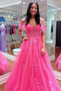 Pink Cold Shoulder A-Line Tulle Long Prom Dresses with Appliques VK24032604