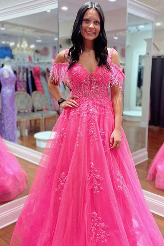 Pink Cold Shoulder A-Line Tulle Long Prom Dresses with Appliques VK24032604