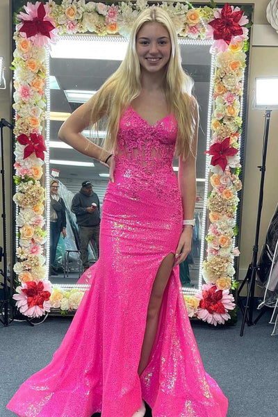 Orange Sequin Corset Top Mermaid Long Prom Dress with Slit VK23092610