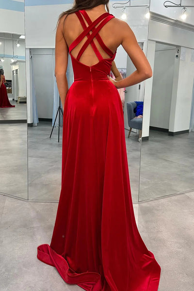 Red Velvet A-Line V Neck Long Prom Dress With Slit VK23112204