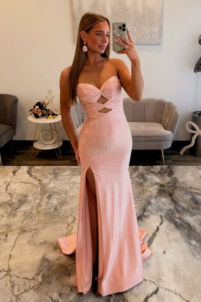 Mermaid Sweetheart Blush Pink Beaded Long Prom Dresses with Slit VK26020608