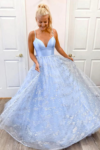 A Line Spaghetti Straps Light Blue Long Prom Dress with Beading VK23101008