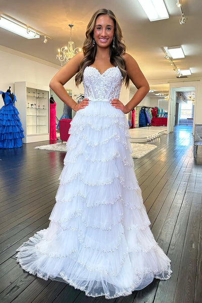 White Tulle Appliques Sweetheart Long Prom Dresses with Slit VK23111201