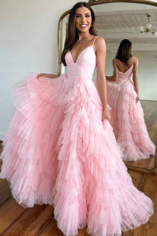 Light Pink Tulle Tiered A-Line Long Prom Dress VK23101406