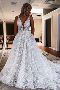 Ball Gown V Neck Lace Wedding Dresses with Pockets VK23100210