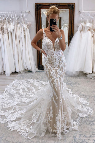 Mermaid V Neck Tulle Lace Wedding Dresses with Train VK23121307