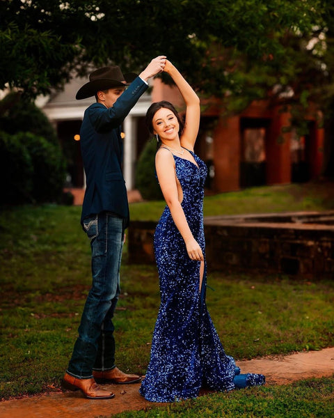 Sparkly Mermaid V Neck Starry Blue Sequins Long Prom Dresses with Slit VK23052107