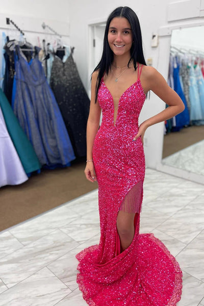 Hot Pink Sequins Mermaid Prom Dress with Fringes VK23093003