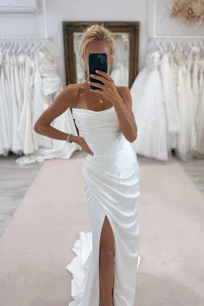 Sheath Scoop Neck Silk Satin Wedding Dress with Slit VK25112405