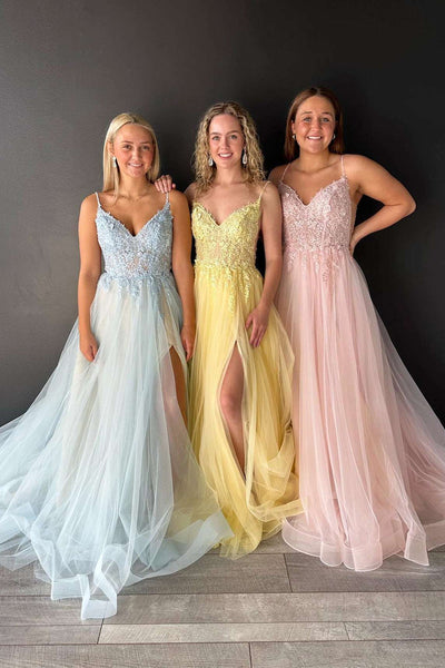 V-Neck Lace-Up Appliques Tulle A-Line Prom Dress VK23113003