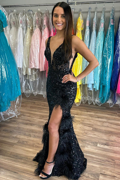 Black Sequin Appliques Plunge V Mermaid Long Formal Dress VK23102802