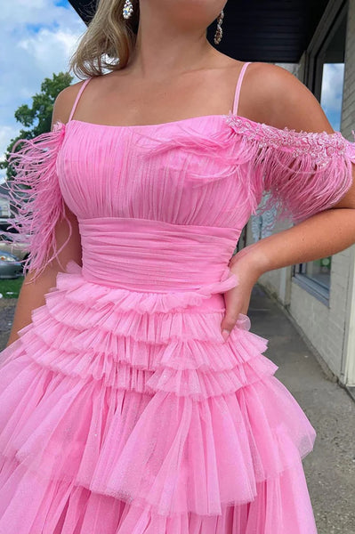 Cute Pink A Line Feather Tulle Homecoming Dresses VK23070702
