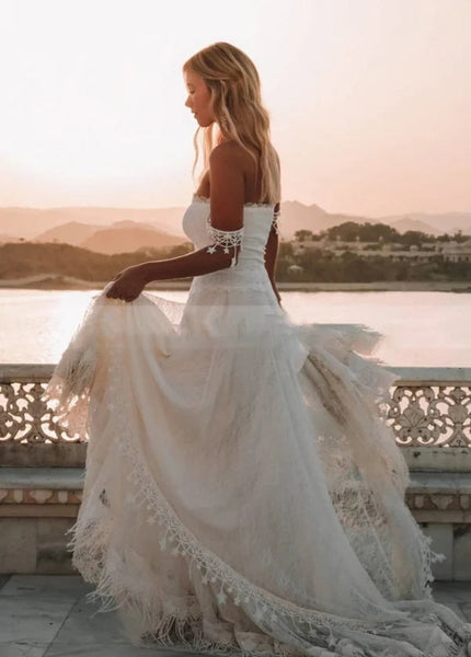 Boho Mermaid Off the Shoulder Lace Beach Wedding Dresses