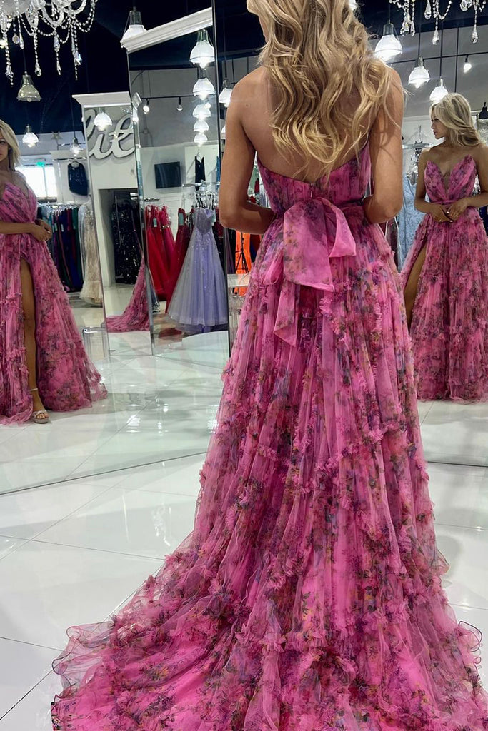 A-Line Strapless Floral Printed Chiffon Long Spring Prom Dresses VK23111804  – Vickidress