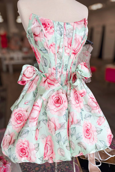 A Line Scoop Neck Floral Satin Short Homecoming Dress VK26071607