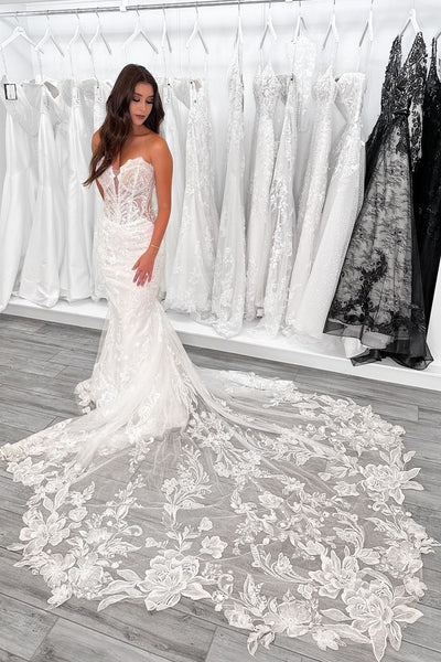 Fairy Mermaid V Neck Lace Wedding Dresses with Train VK24102802