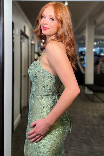 Modest Mermaid Halter Appliques Beads Long Prom Dresses with Slit VK26020302