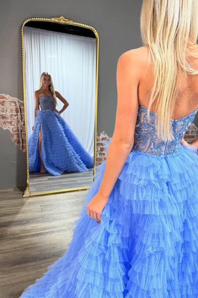 Gorgeous Ball Gown Strapless Blue Tiered Tulle Prom Dress with Beading VK25030102