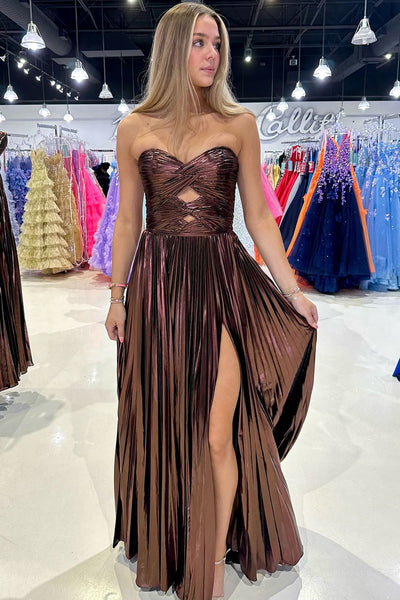 Fashion A Line Sweetheart Satin Long Prom Dresses with Slit VK24101704