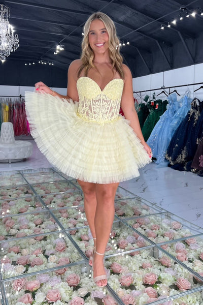 A Line Sweetheart Daffodil Tulle Homecoming Dress with Appliques VK26080905