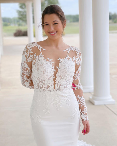 Elegant Mermaid Scoop Neck Elastic Satin Wedding Dresses with Appliques VK23060905