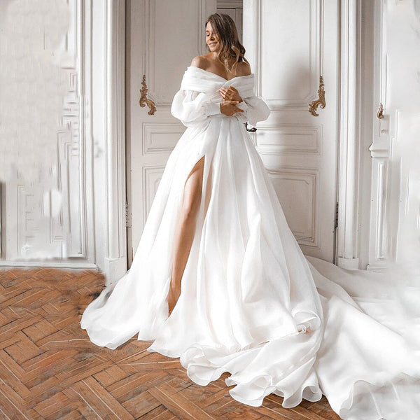 A-Line Off the Shoulder White Wedding Dress with Slit VK25100202