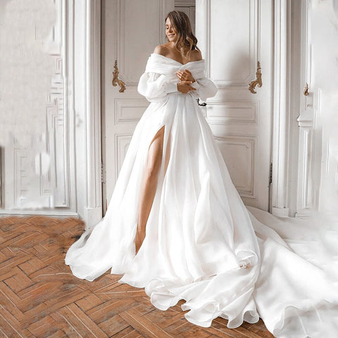 A-Line Off the Shoulder White Wedding Dress with Slit VK25100202