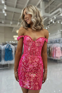 Bodycon Off the Shoulder Pink Sequins Lace Short Homecoming Dress VK25070303