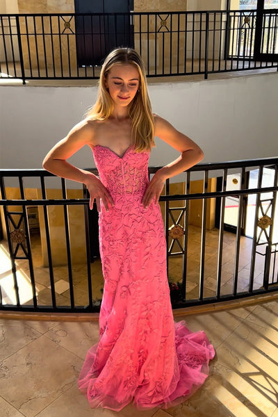 Cute Mermaid Sweetheart Pink Lace Prom Dress with Beading VK25121009
