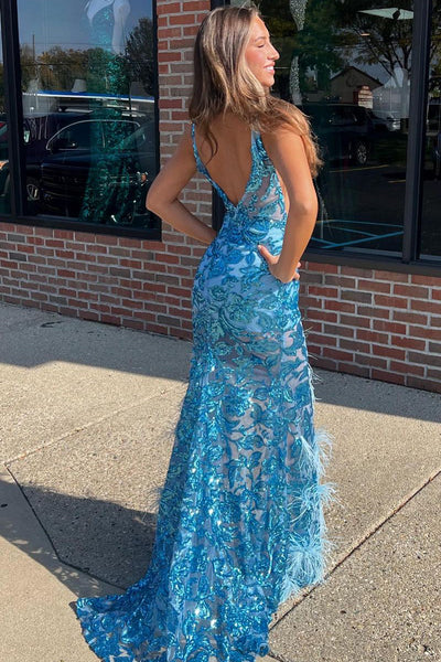 Cute Sheath V Neck Blue Sequin Lace Mermaid Long Prom Dresses with Feather VK24021401
