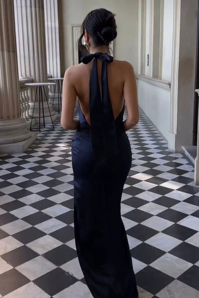 Hot Mermaid Halter Neck Dark Green Satin Long Party Dress with Open Back