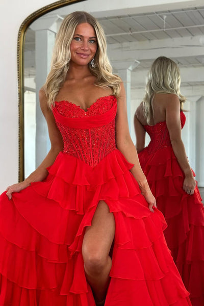 A Line Sweetheart Red Chiffon Long Prom Dress with Appliques VK160401
